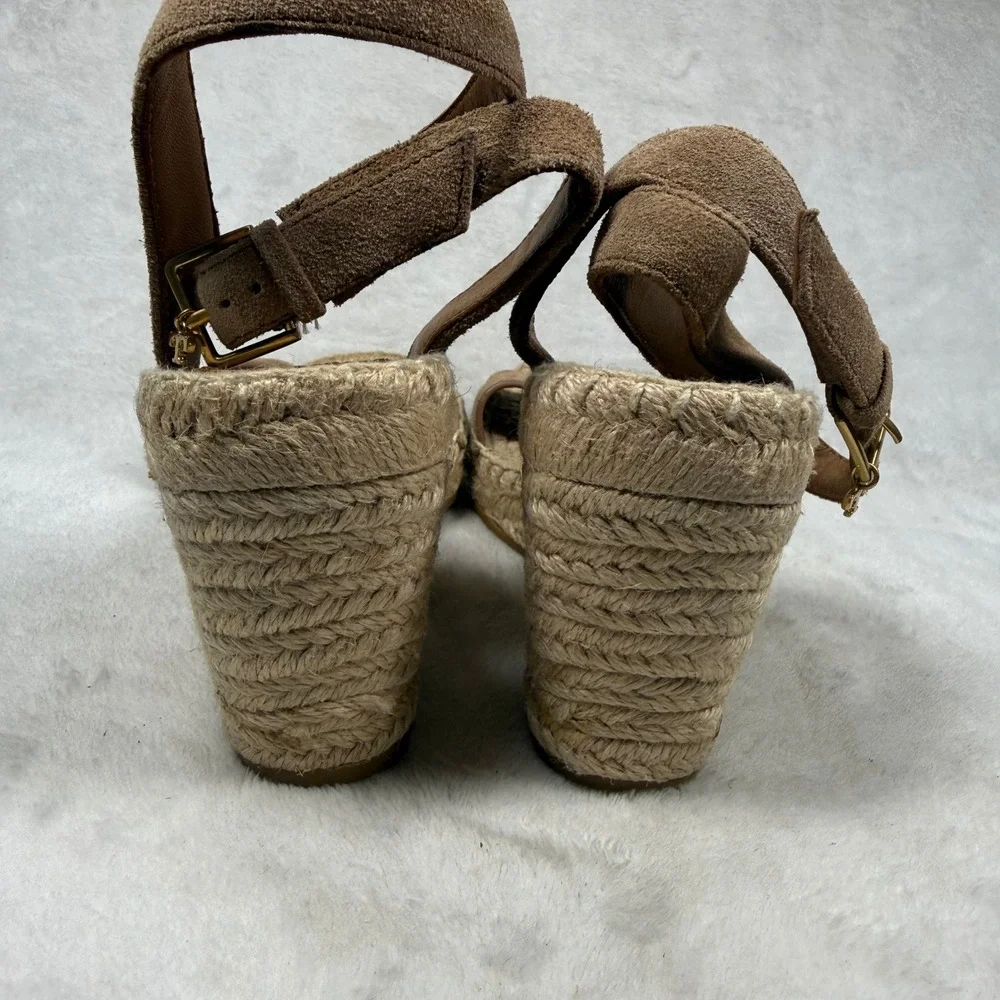 Tory Burch Ines Suede Espadrille Wedge Sandals Brown Ankle Strap 4in Heel 7.5
